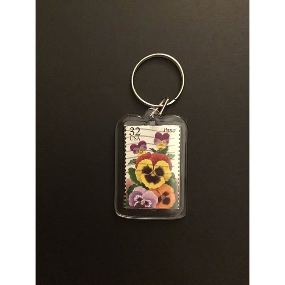 Pansy Postage Stamp Keychain Recycled Vintage USA Gift - Picture 1 of 8